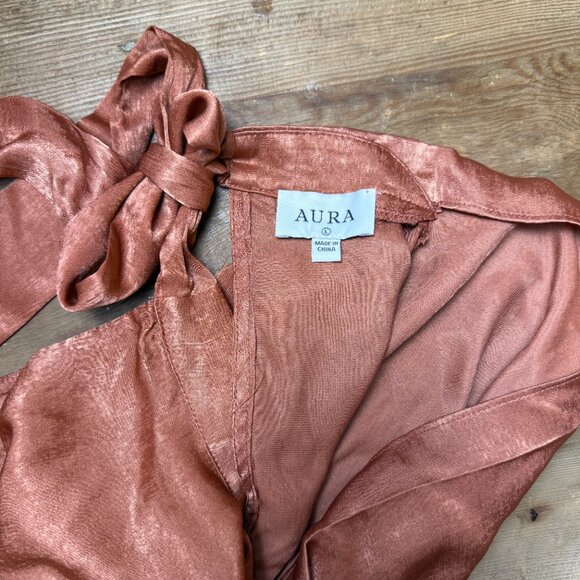 Aura | Size L | Silky Terracotta Cowl Blouse with Bow Neck and Jewel Buttons - Picture 4 of 11